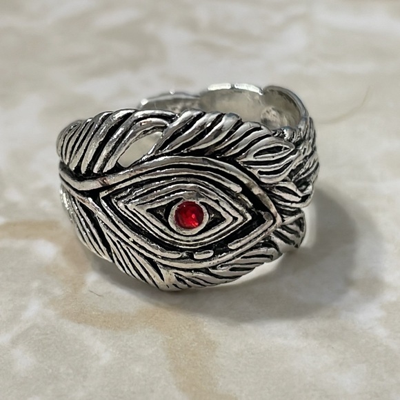 Silver Feather Red Crystal Evil Eye Ring - Picture 1 of 14